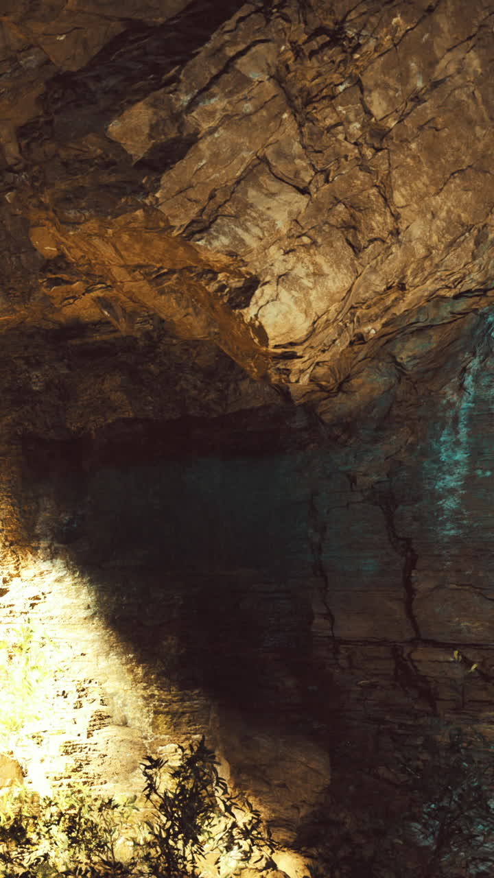 Esplorando la grotta buia con la luce che illumina le pareti rocciose.