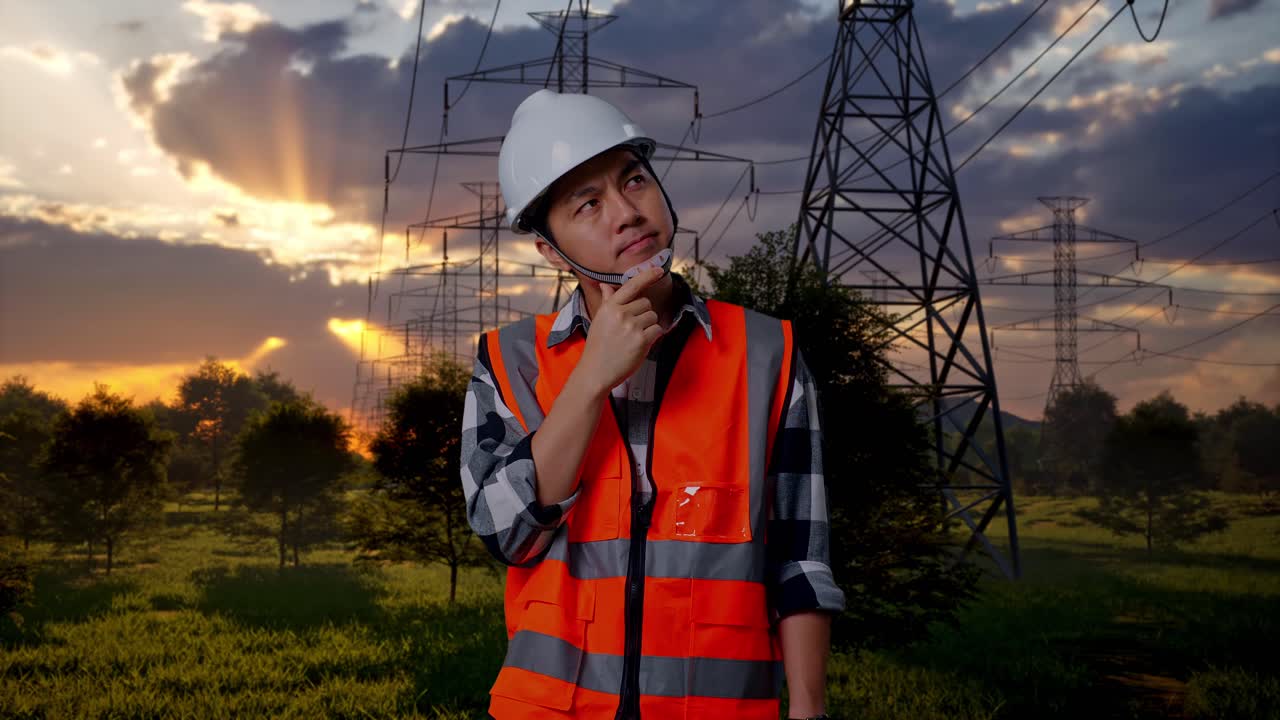 Engenheiro de chapéu e colete de segurança pensando perto de linhas de energia ao pôr do sol