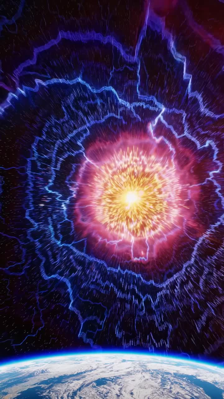 Aerial view of vibrant blue lightning patterns radiating from a central glow against a starry