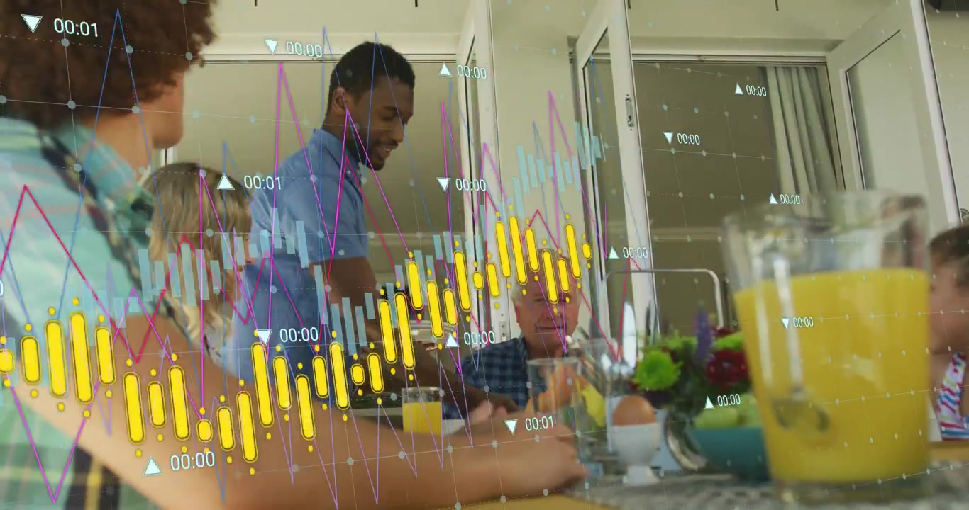 Standing man bringing plates to table, serving breakfast while finance charts overlaying tabletop