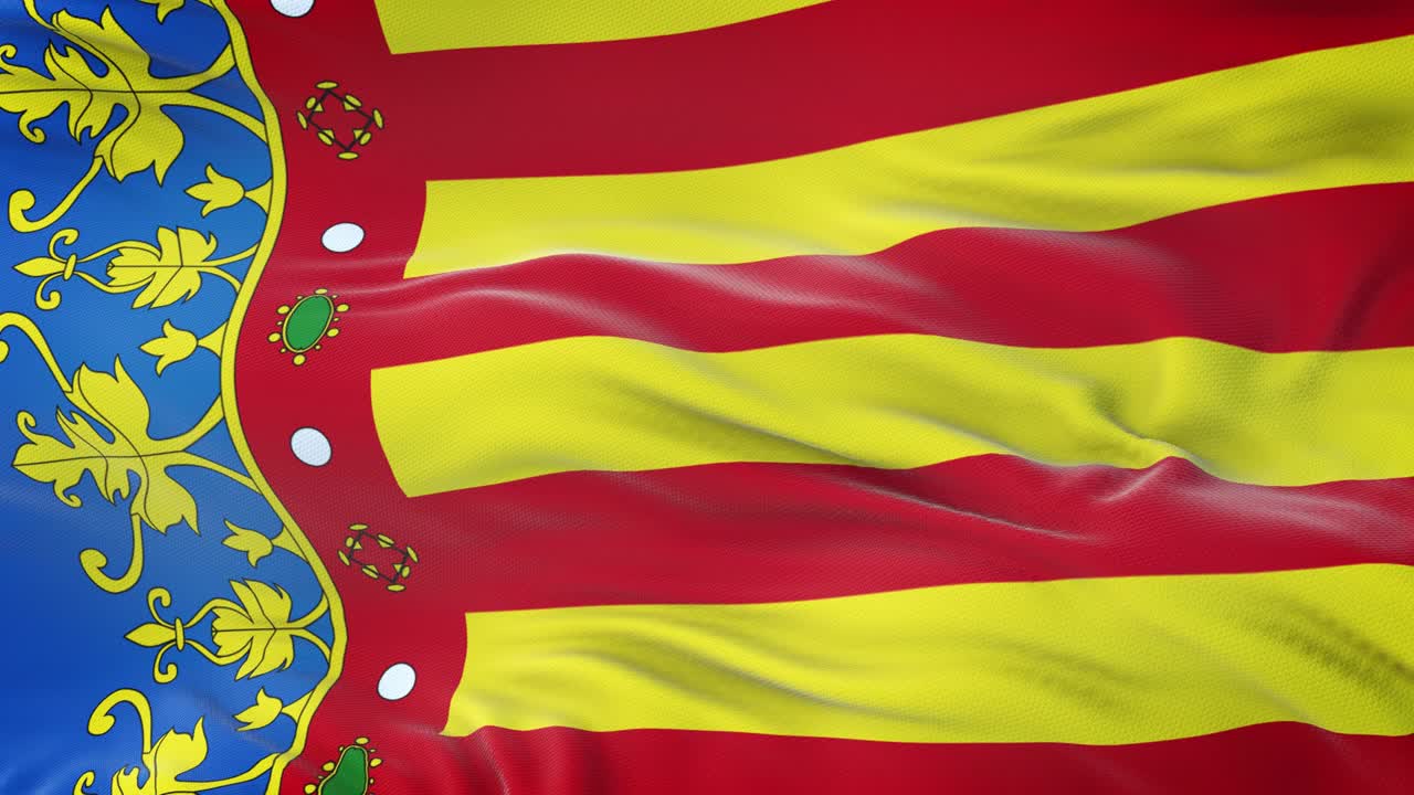 bandera valenciana (comunidad autónoma en españa) ondeando en el viento con textura de tela muy detallada. bucle sin costuras