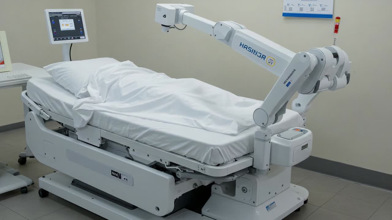 Medical Bed with Robotic Arm in Hospital Setting, Featuring Clean Linens and Monitors - A Glimpse into Modern Healthcare Automation and Patient Care