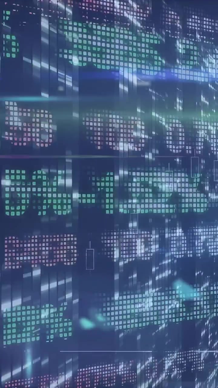 Vertical video: On data LED wall showing scrolling dots, seam opening, candles rising for market