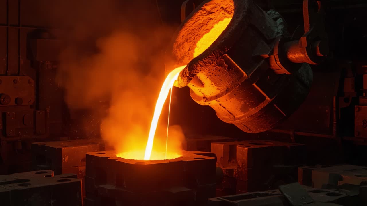 Melting Metal: A Captivating Glimpse into the Process of Molten Metal Pouring in a Foundry, Showcasing the Intense Heat and Dynamic Flow of Liquid Steel