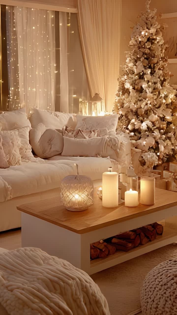 Arredamento accogliente per un soggiorno a tema festivo con un albero di Natale splendidamente decorato e una tenue illuminazione ambientale per un'atmosfera calda e invitante