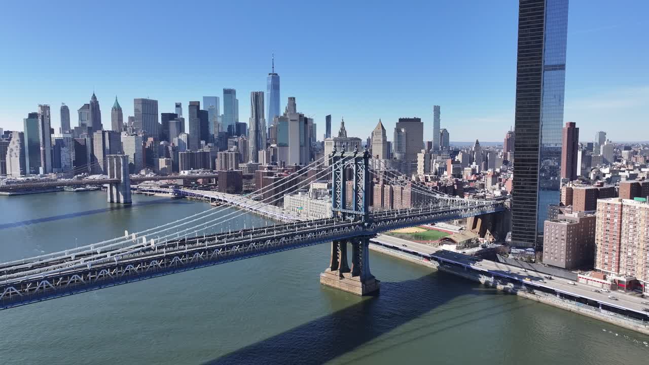 Manhattan Bridge At Manhattan In New York United States. Highrise Buildings Scenery. Brooklyn Bridge Landscape. Manhattan Bridge At New York United States. Highway Road Background.