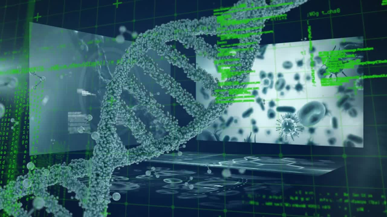 Animation of dna strand spinning, laptop and medical data processing