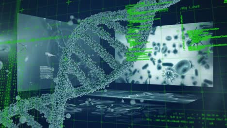 animación del hilado de cadenas de adn, computadora portátil y procesamiento de datos médicos