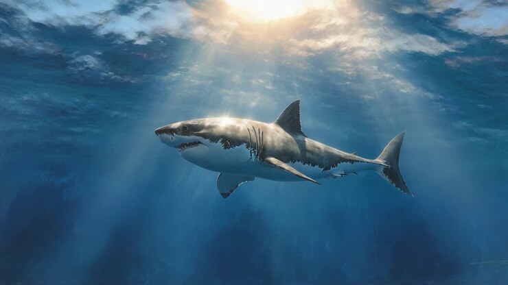 A Majestic Great White Shark Gliding Through the Crystal Clear Waters Under a Glowing Sunlight, Showcasing Its Powerful Presence in an Underwater Paradise