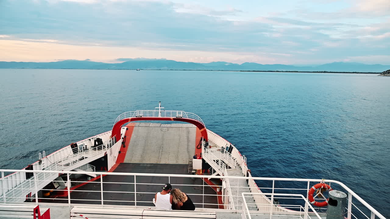 View of the Aegean sea from a ferryboat, Thassos island in the distance, Greece