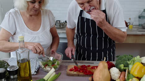 ältere vegane großmutter und großvater kochen salat mit frischem gemüse in der küche zu hause