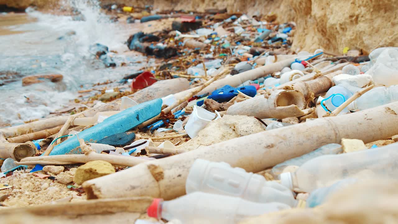 botellas de plástico y escombros de basura esparcidos por la playa, atención desgarradora