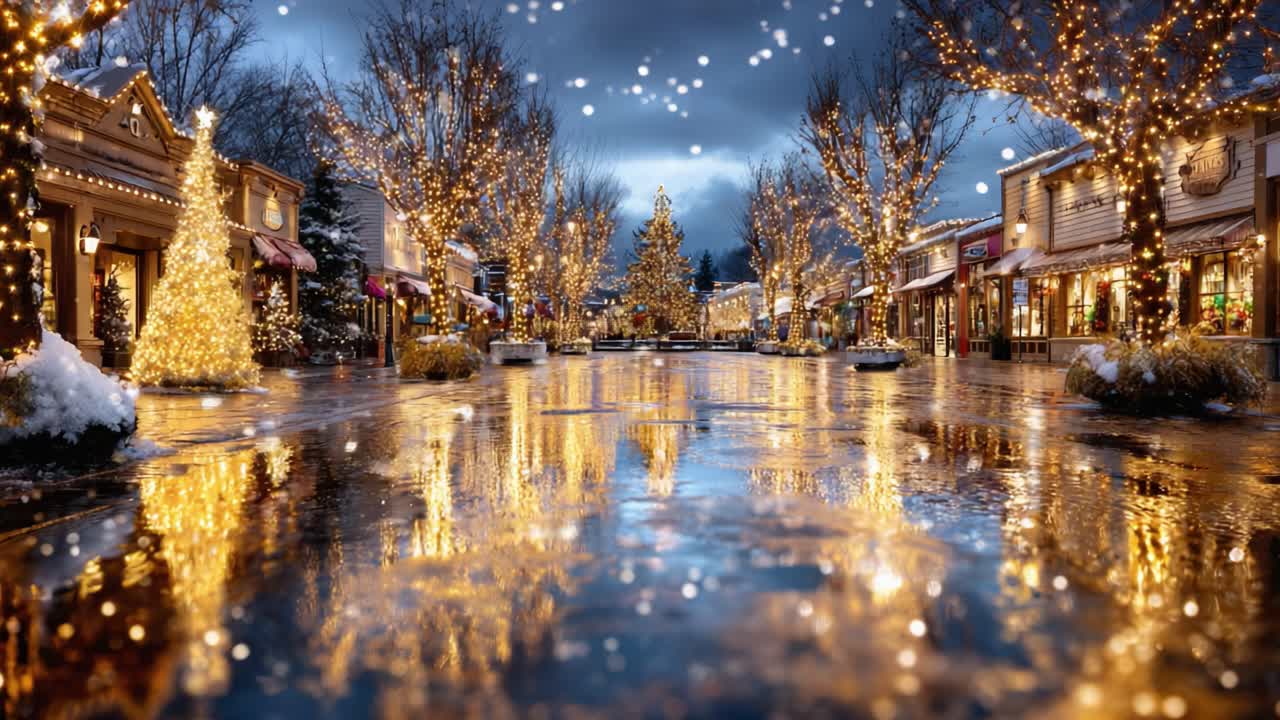 Magical Winter Wonderland: A Cozy Night Scene with Twinkling Lights and Festive Trees Reflecting on a Rainy Street, Capturing the Spirit of the Holiday Season