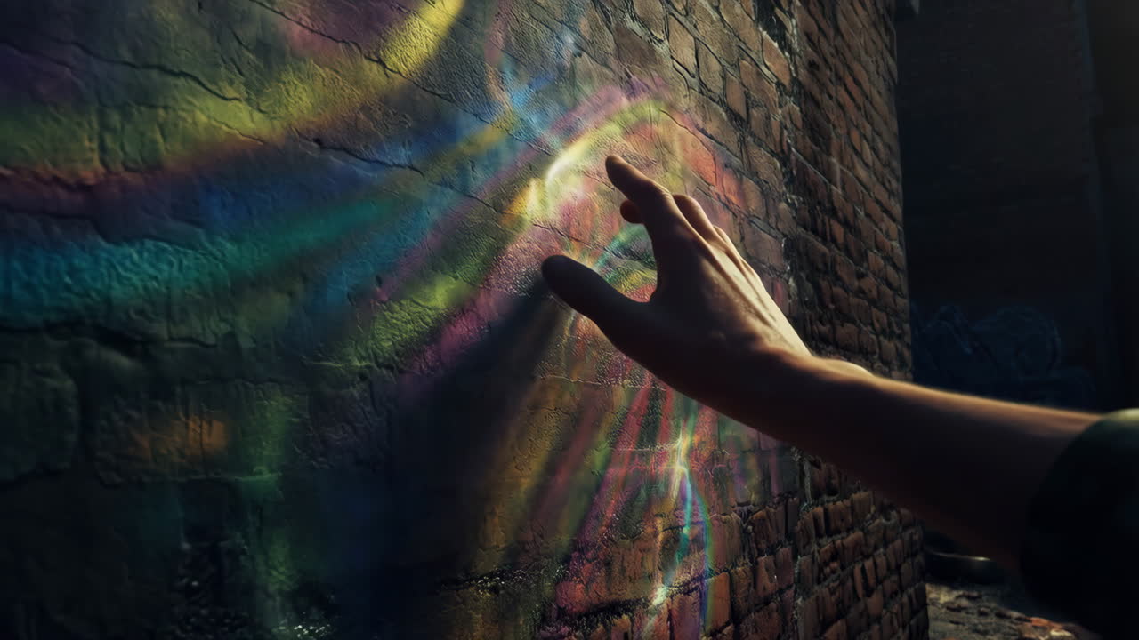 Mano extendiéndose hacia la luz de arcoíris en una pared de ladrillo texturizada
