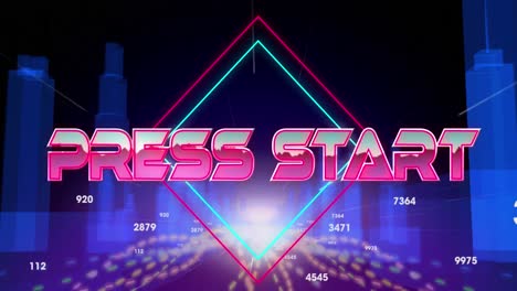 animation of press start text banner over light trails and 3d city model against black background