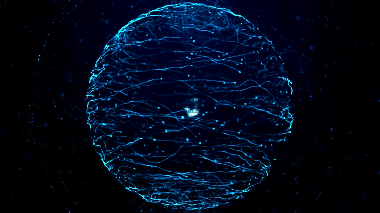 Blue particle energy sphere. Abstract technology, science, engineering and artificial intelligence motion background.