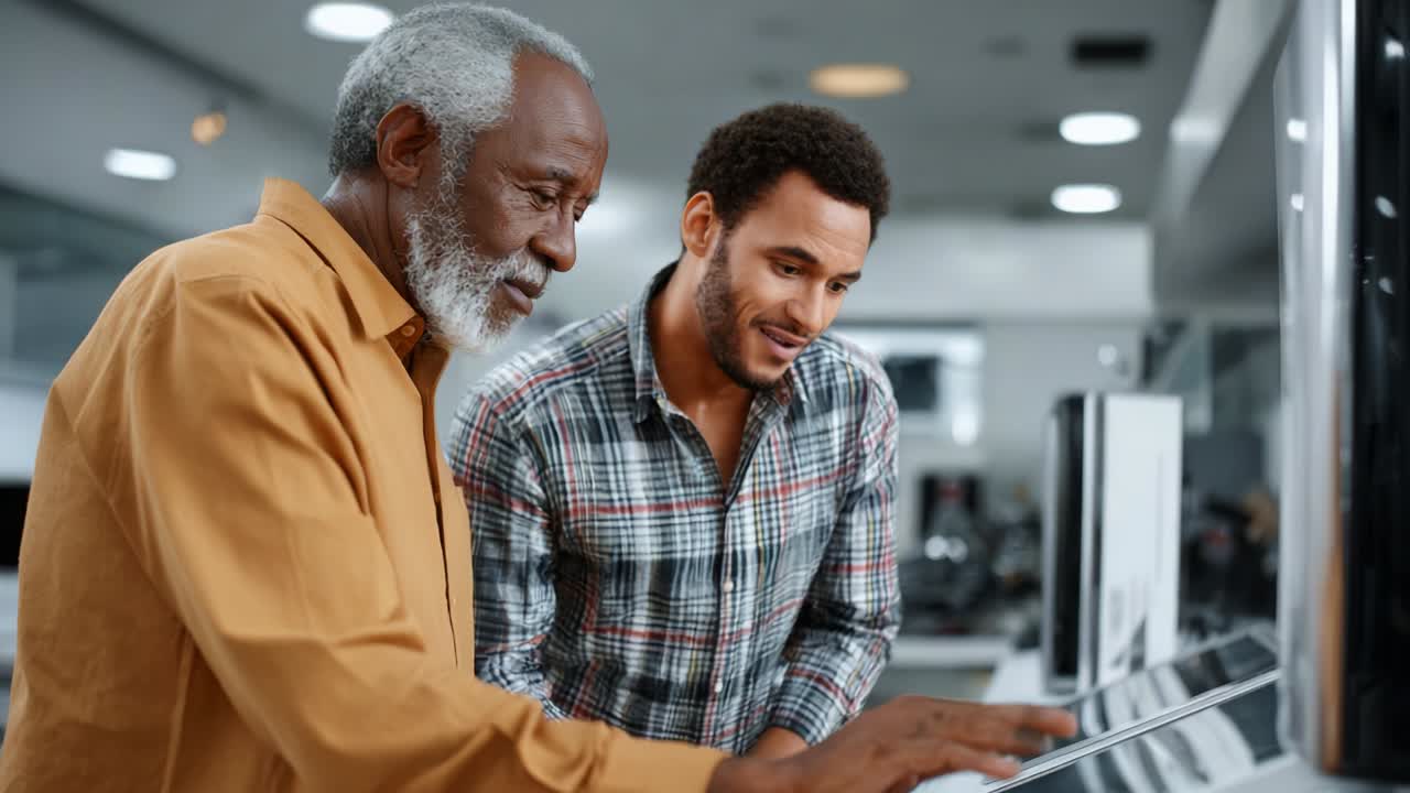 A Heartwarming Interaction Between Two Individuals Engaged in a Productive Discussion at a Modern Technology Store, Showcasing Generational Knowledge Transfer and Collaboration in a Retail Environment
