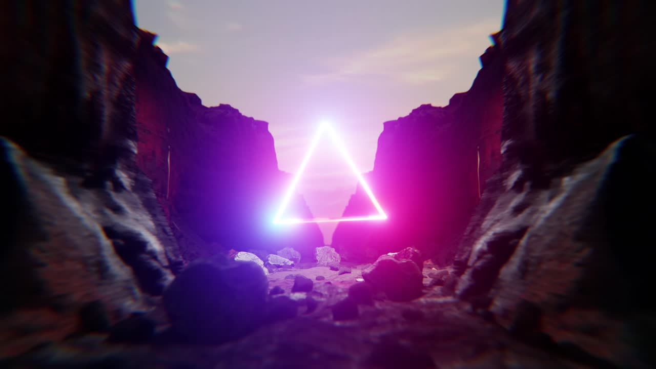 Triangolo al neon luminoso che ruota in un paesaggio di canyon roccioso