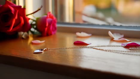 roses, necklace, and petals on a windowsill