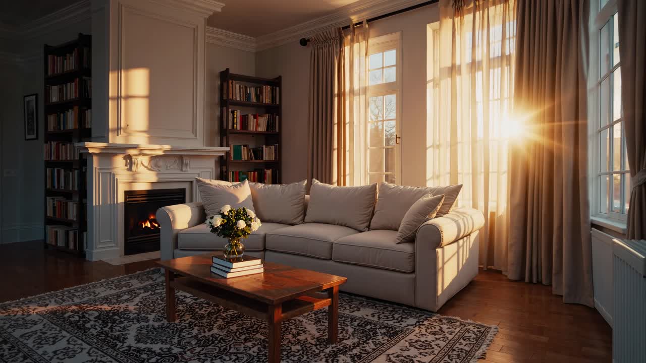 Cozy living room with warm sunlight streaming through windows, captured from a low angle
