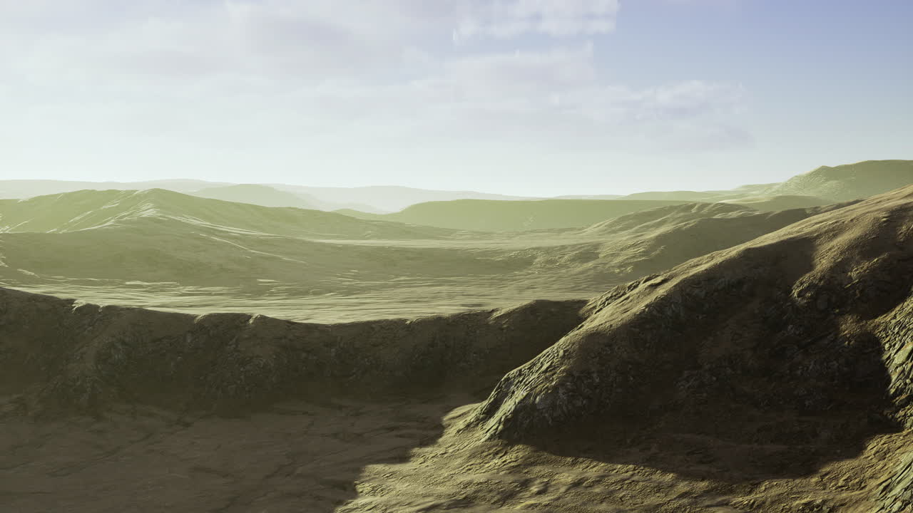 Desolate landscape under a soft light revealing vast golden hills at dusk