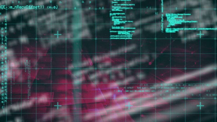 Digital animation of data processing over grid network against pink background