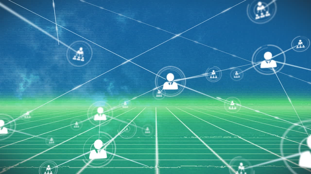 파란 바탕에 녹색 그리드 네트워크를 통해 프로필 아이콘 네트워크의 애니메이션