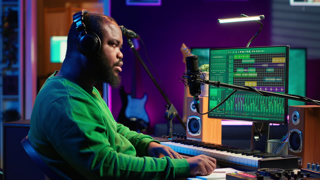 artista compositor grabando una nueva pista en su micrófono de estudio en casa