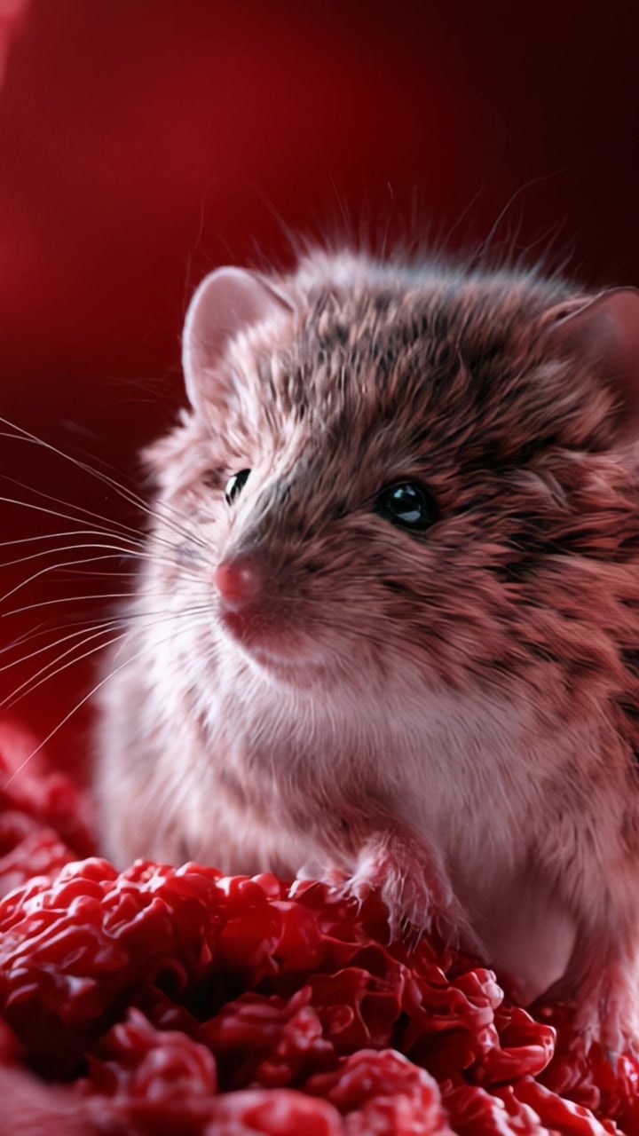 Primi piani accattivanti di un piccolo roditore tra bacche rosse lussureggianti, che mostrano dettagli intricati del pelo e dell'ambiente circostante in un vivido ambiente naturale