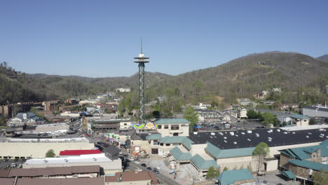 aerial over downtown gatlinburg, tennessee