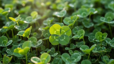 A vibrant patch of clover saturated with morning dew glistens in the sunlight, showcasing nature&#039;s beauty and the uniqueness of a four-leaf clover among its green companions
