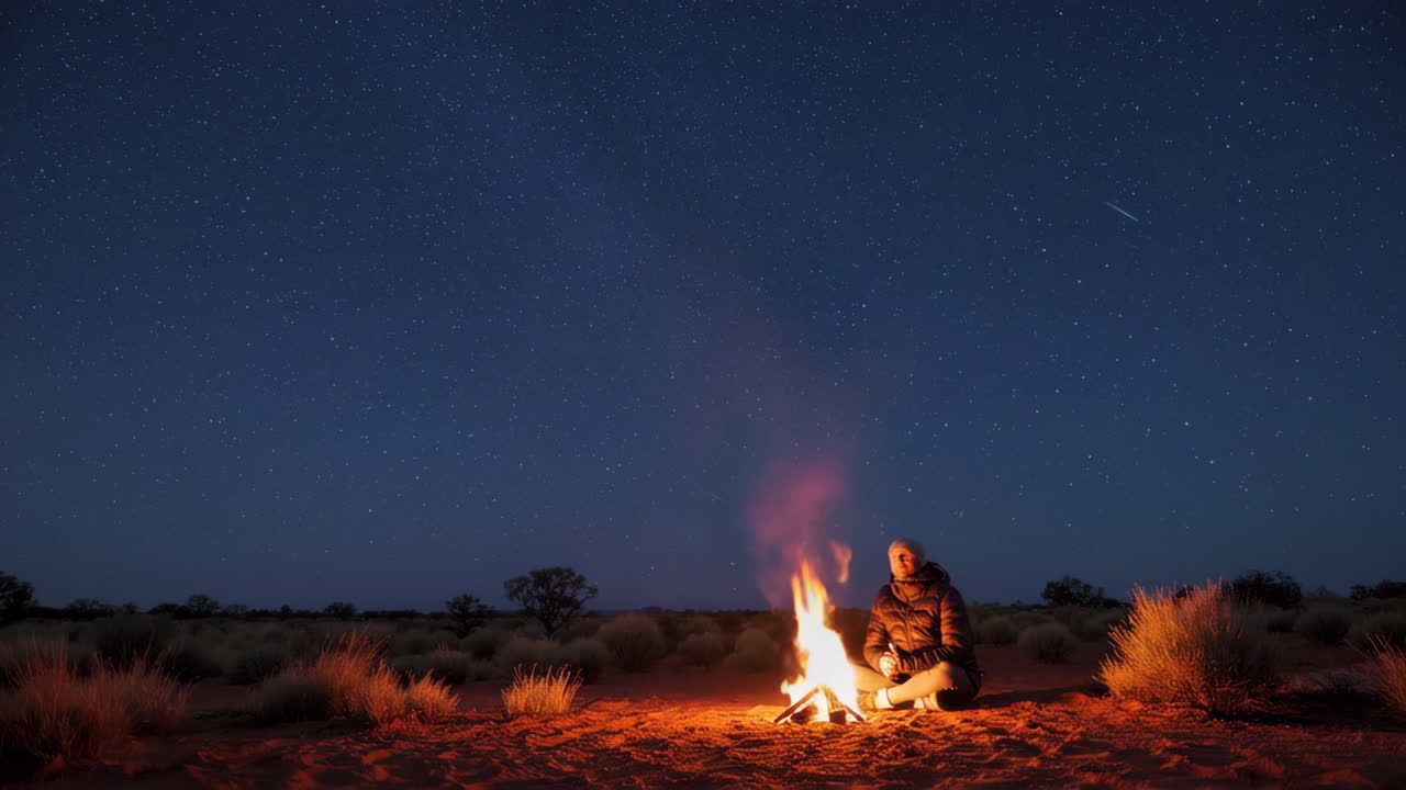 Observação de estrelas à beira da fogueira no deserto