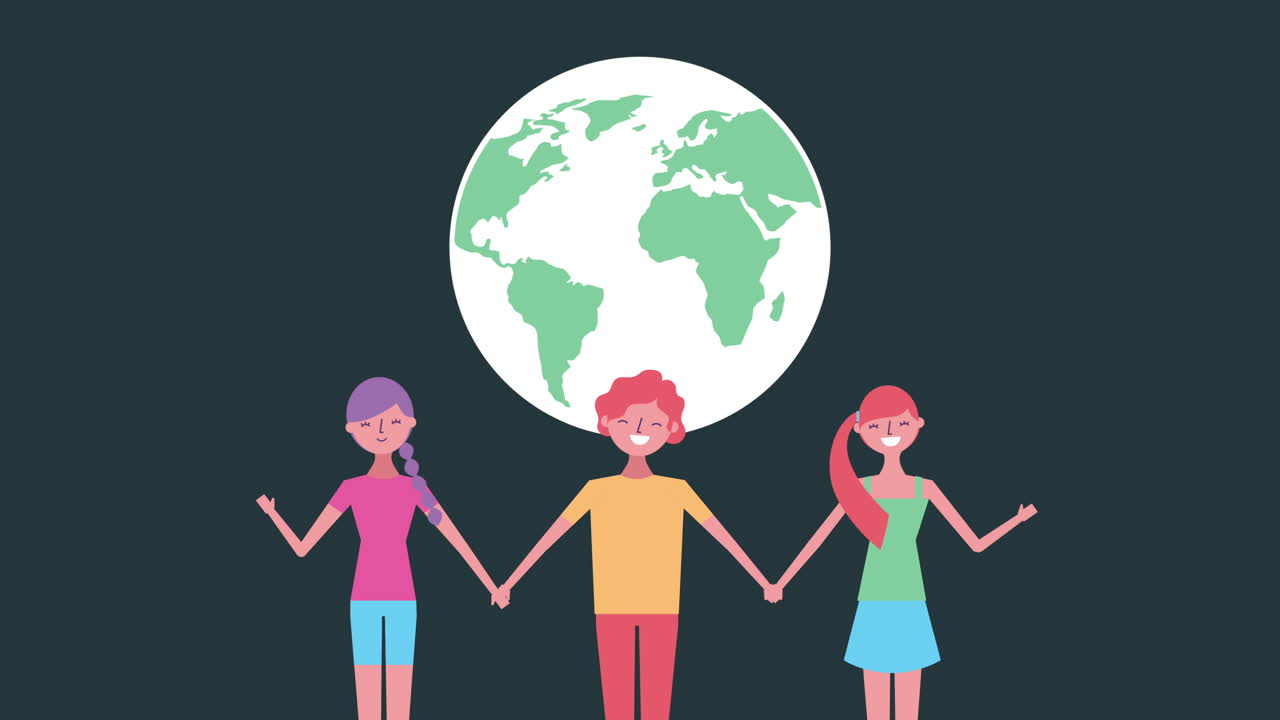 grupo de jóvenes amigos con el planeta mundial