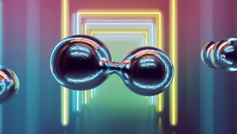 abstract metallic objects in a neon lit tunnel