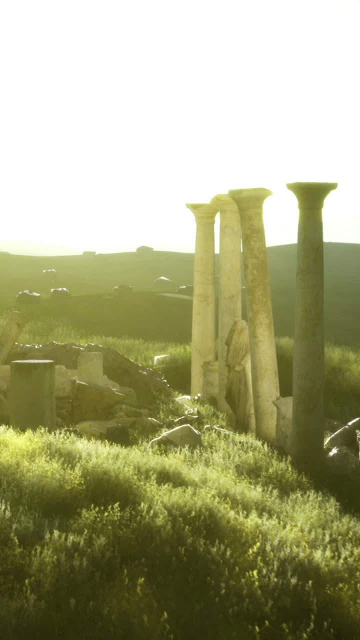 Ruins of ancient columns bathed in golden sunlight at dusk near mountains