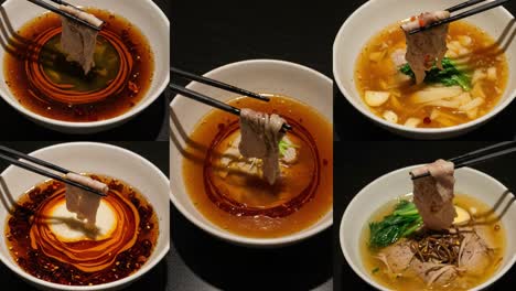 a culinary journey through flavors: exploring various noodle soup dishes with fresh ingredients and rich broths in captivating presentation