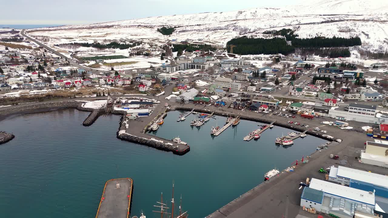 Aerial View of Húsavík, Iceland port Coastal Fishing Town in North Iceland