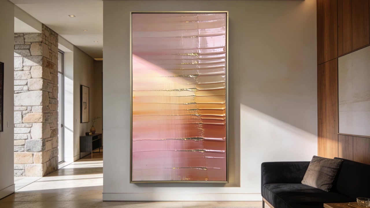 Un raggio di sole in movimento proietta luce da alte finestre attraverso la zona giorno, creando riflessi su un quadro