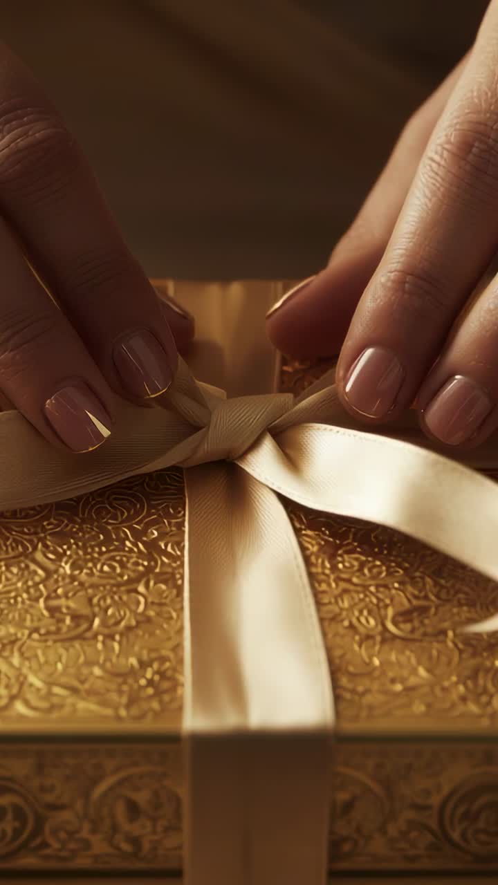 Vertical video: Adjusting hands smoothing satin ribbon on gift box on wooden table, for shot