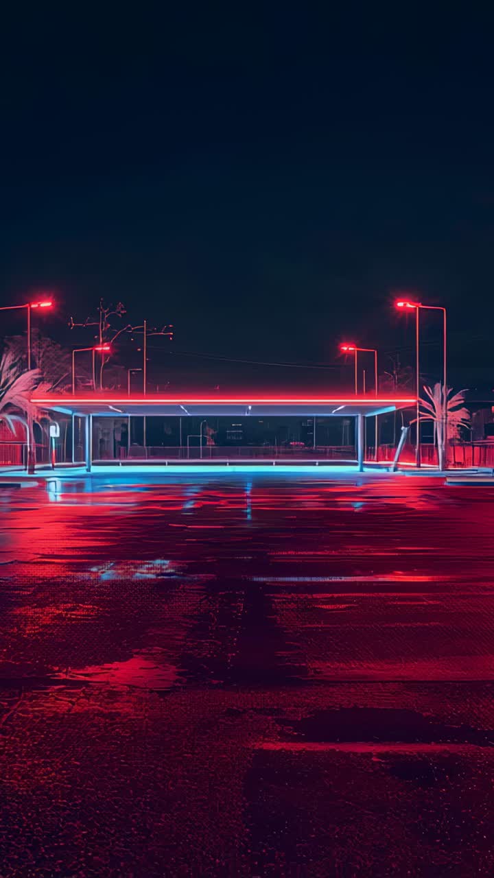 Vertical video: Pulsing red neon and cyan glow bathing kiosk and wet parking, creating quiet mood