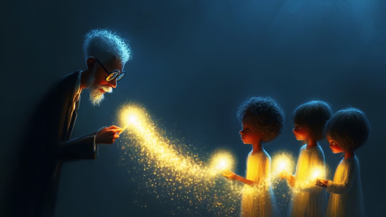 A wise figure shares magical sparks of inspiration with curious young minds, illuminating their faces as they grasp the shimmering light of creativity and wonder in a serene atmosphere