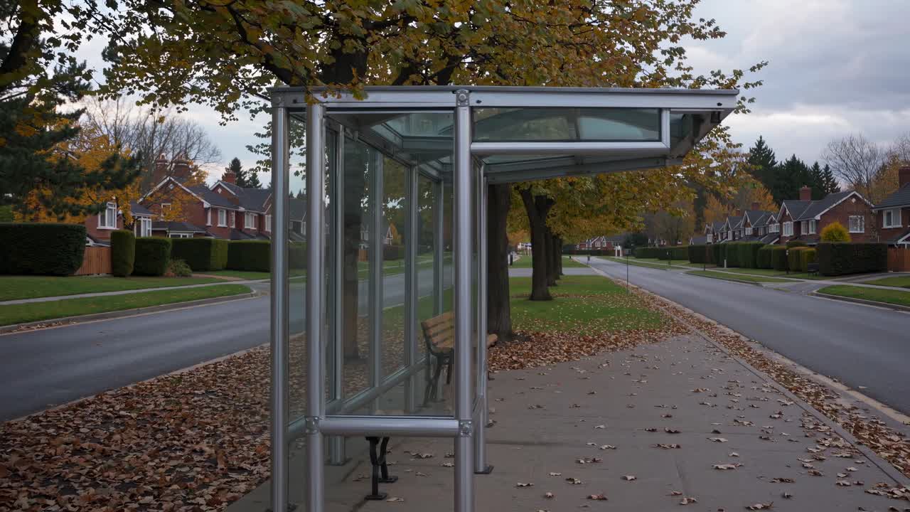 Wide-angle video frame of an empty bus stop in autumn. Sidewalk and street lined with fallen leaves