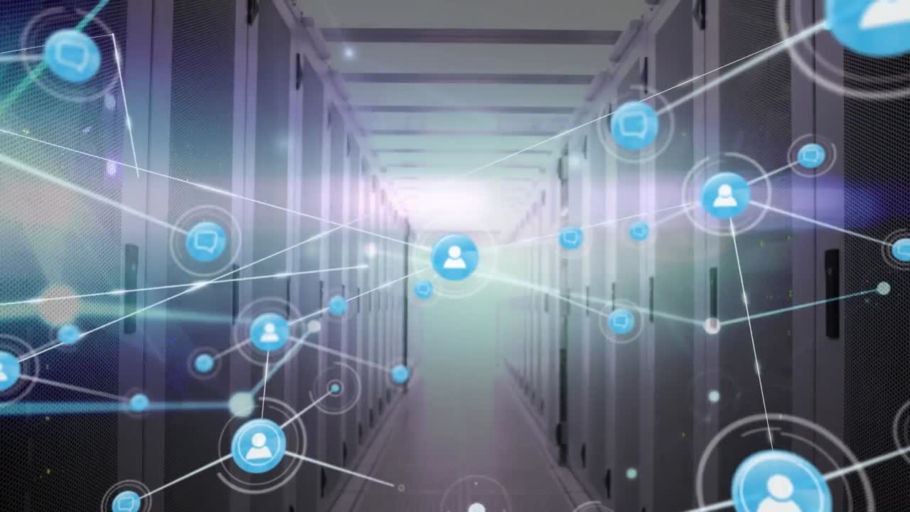 Animation of network of connections with icons over server room