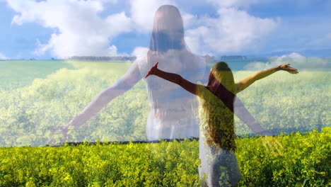 woman standing in a field of flowers 4k