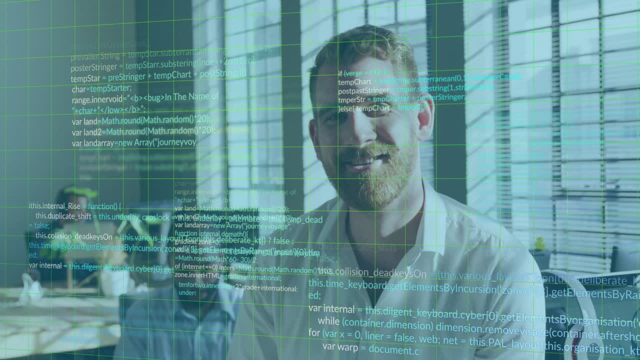 Animation of multicolored computer language over smiling caucasian man