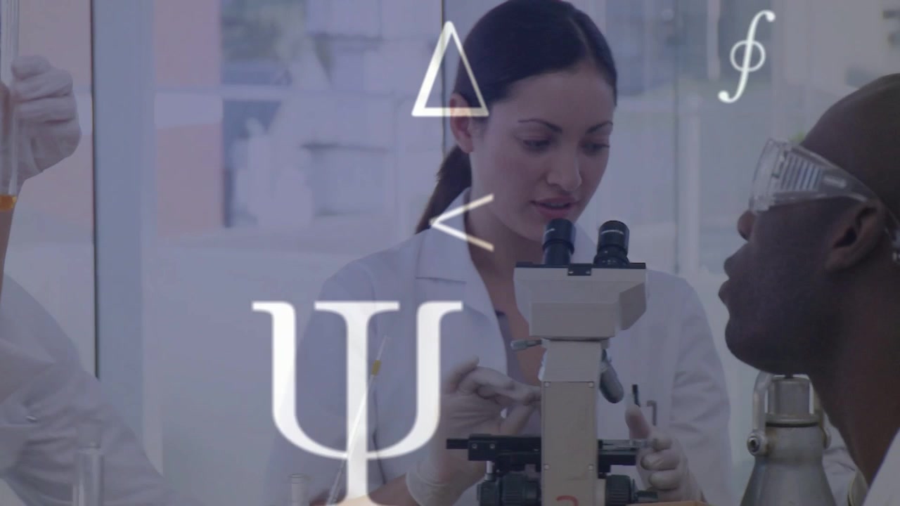 Lab team prepping samples at microscope after male lifting yellow flask, Greek symbols floating