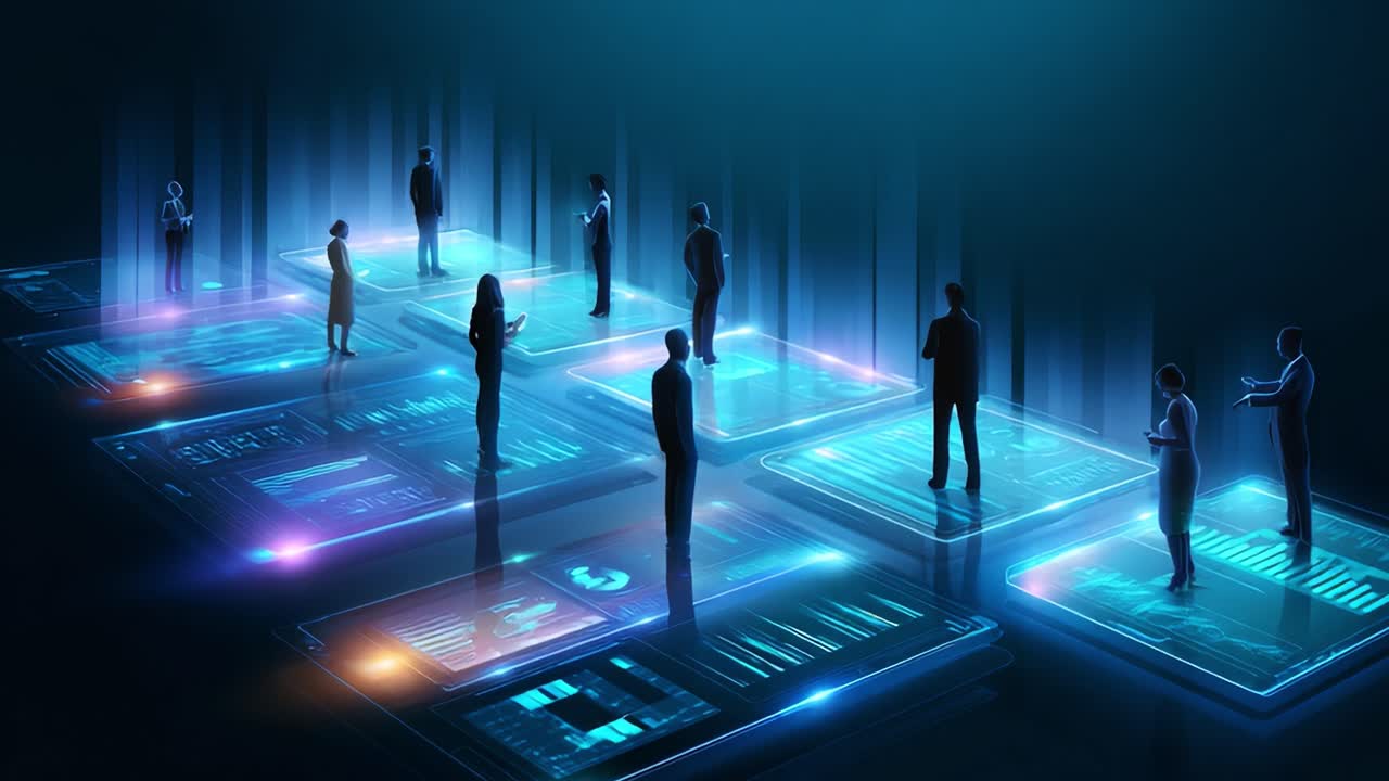 A Futuristic Gathering of Professionals Engaging with Interactive Digital Displays in a High-Tech Environment, Showcasing Collaboration and Innovation in a Virtual Workspace