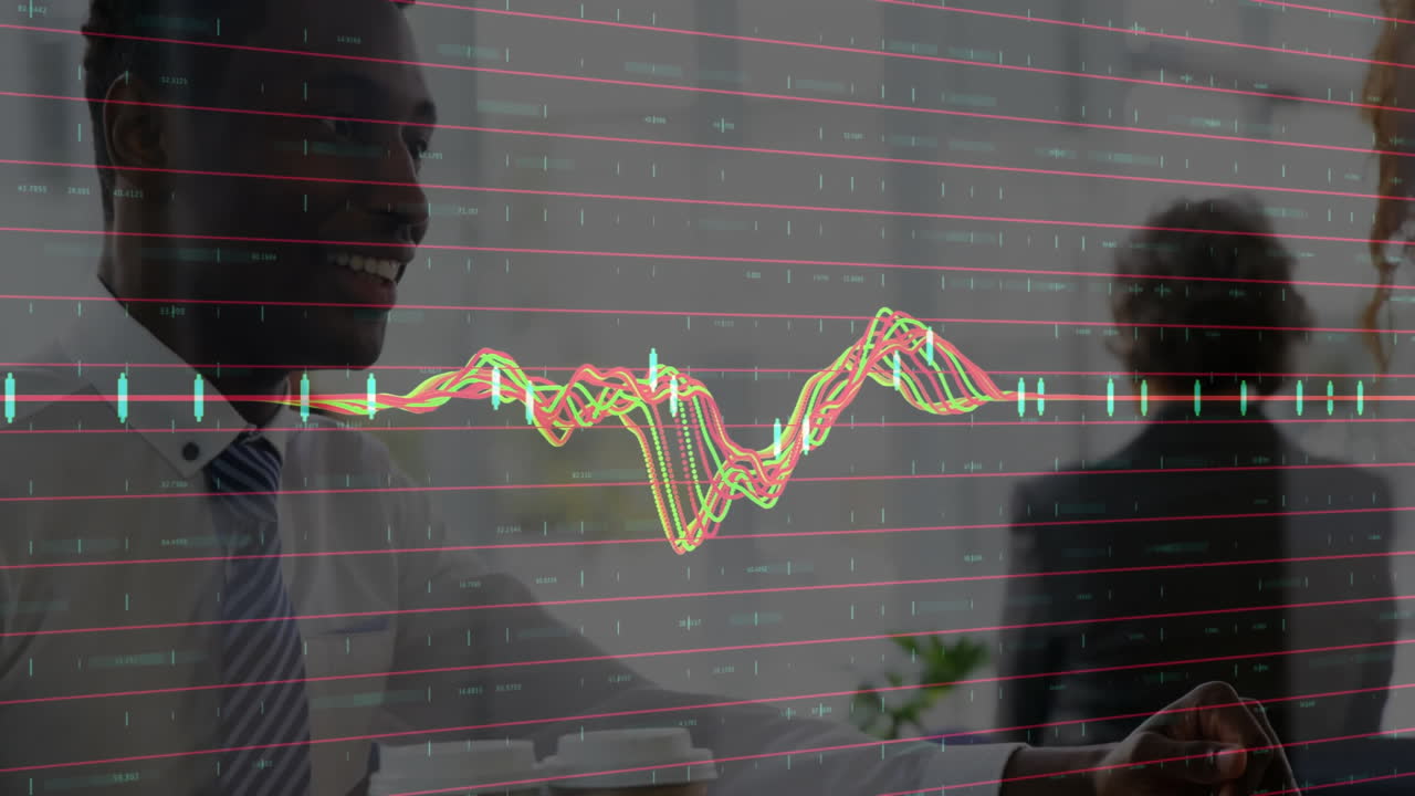 Discussing animated financial graph, business professionals in modern office setting