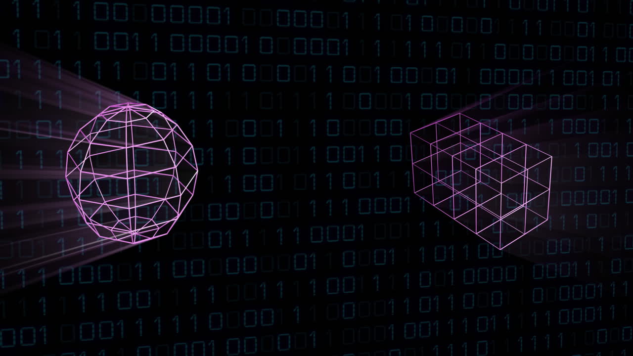 animación de formas rosadas 3d sobre codificación binaria en fondo negro