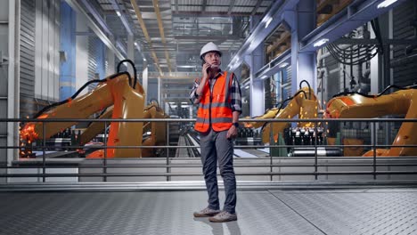 full body side view of asian male engineer with safety helmet talking on smartphone while standing with industrial robotic arms working
